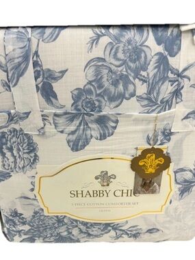 Shabby Chic Blue and White Floral Cotton Queen Comforter Set 90”x90”